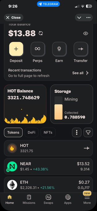 A screenshot of a cryptocurrency wallet app called 'HOT' displaying a Total Balance of $13.88, with holdings in HOT (3321.75), NEAR ($13.52), and ETH ($0.27).