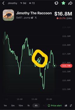 A cryptocurrency price chart for the meme coin 'Jimmy The Raccoon' (ge87...pump) showing a market cap of $16.8M and a 21.7% decline, with a raccoon icon highlighted in yellow on the downward-trending graph.