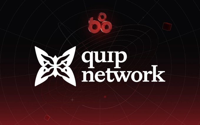 The image displays the white butterfly-shaped logo of "quip network" centered against a dark red background with subtle circular patterns, visually branding the post's claim that Quip Network has already developed quantum-resistant security solutions for cryptocurrency.