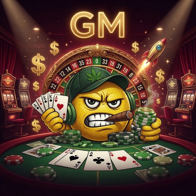 A colorful cartoon graphic of an angry yellow fruit character with a green leaf cap and a cigar at a casino table with cards, chips, and a roulette wheel, under glowing "GM" text with dollar signs and a rocket.