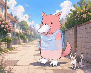 An illustration of a pink platypus-like creature wearing a blue vest, standing on a sidewalk with a husky dog, surrounded by houses and flowering plants.