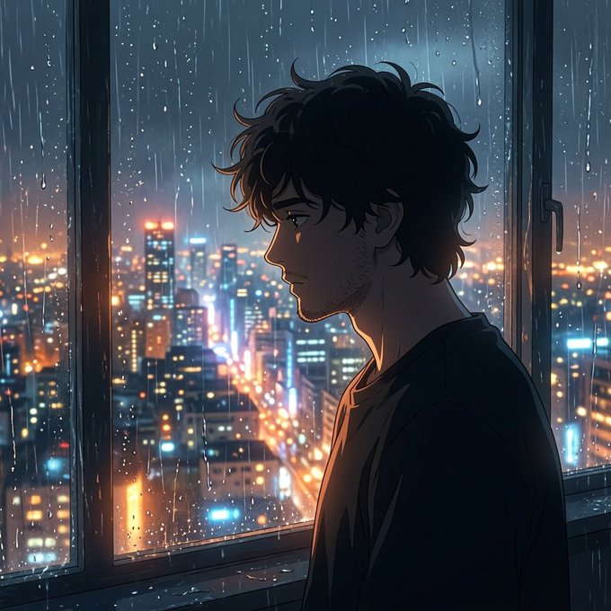 An anime-style illustration of a young man with messy dark hair looking out a rain-streaked window at a glowing nighttime cityscape.