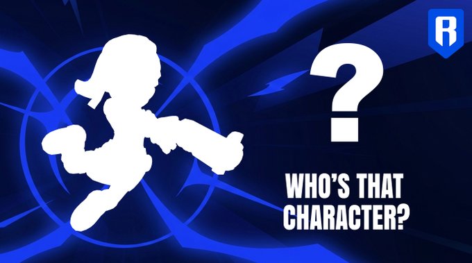 A white silhouette of a character with a distinctive helmet, goggles, and a backpack, shown in a dynamic running/jumping pose against a blue background, alongside a large question mark and the text "WHO'S THAT CHARACTER?" The image serves as a character-guessing game prompt, inviting viewers to identify the mystery figure based on its recognizable outline.