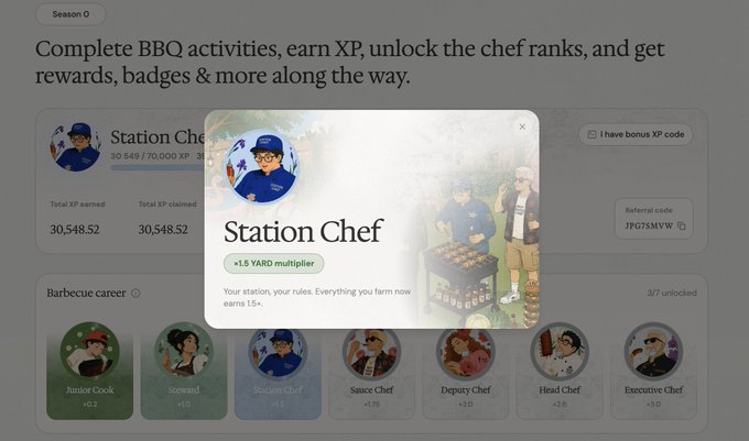 A screenshot of a BBQ rewards program shows 'Station Chef' rank with a 'x1.5 YARD multiplier' popup, displaying 30,548.52 XP earned and various chef rank tiers like Junior Cook, Sous Chef, and Executive Chef.