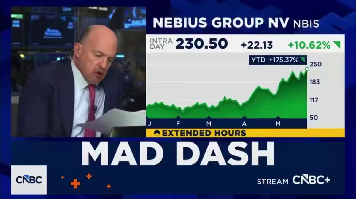 The image shows a close-up of an interview with Jim Cramer, featuring him wearing a suit and talking about the stock market. One of the topics he discusses is the value of Leopold Aschenbrenner's $NBIS stake. The time frame for which he gives his assessment is two weeks ago, and it seems that he still admires the stock even after the market has been unstable.