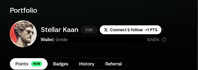 A portfolio profile for 'Stellar Kaan' (Wallet: 0x1de) showing 57d74 with options to Connect & follow for +1 PTS, and tabs for Points, Badges, History, and Referral.