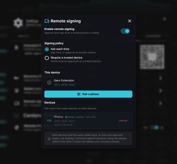 Remote signing settings dialog enabling sign-on approval via mobile or tablet, with options for 'Ask each time' or 'Require a trusted device', showing a paired iPhone running iOS 18.5.20.