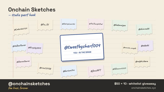 A digital illustration titled 'Onchain Sketches - studio guest book' showing various usernames on sticky notes, with '@tweetbysherf04' highlighted in the center, promoting a '$50 x 10 whitelist giveaway' at onchainsketches.xyz.