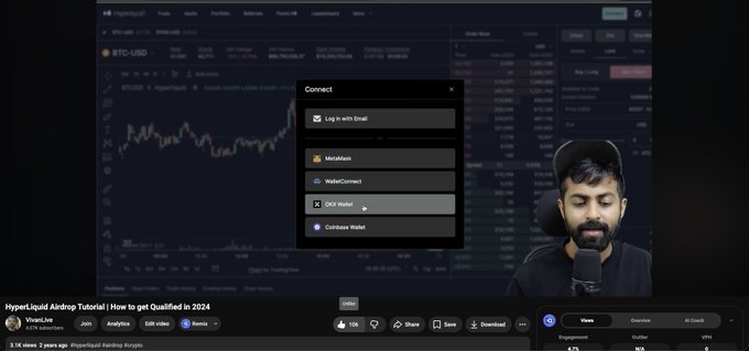 A YouTube video thumbnail showing a creator (Vivan) with 677k subscribers streaming a tutorial titled "Hyperliquid Airdrop Tutorial | How to get Qualified in 2024" featuring the BTC/USD chart and wallet connection options (EVM Wallet, MetaMask, WalletConnect), which the post uses to highlight his early coverage of Hyperliquid before promoting Arcus.xyz as his next project.