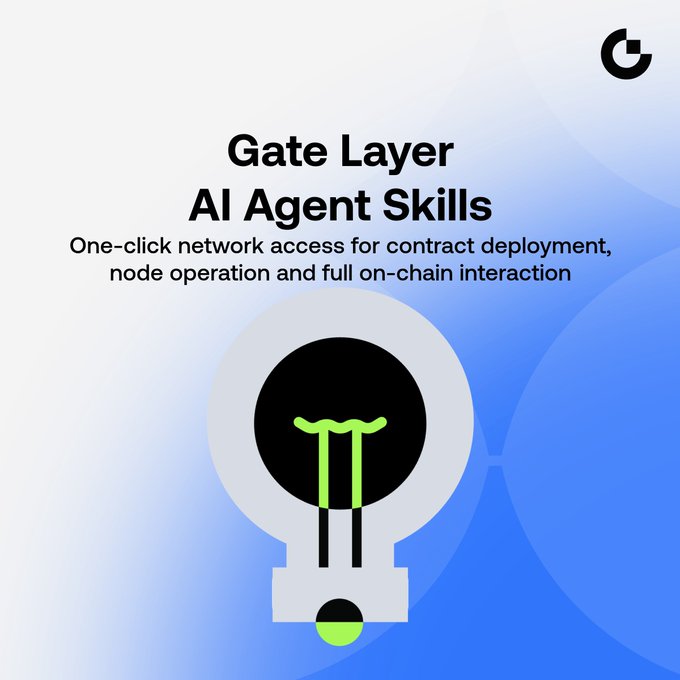The image features a lightbulb icon with green and black colors around it, accompanied by the text "Gate Layer AI Agent Skills". The background of the image displays a gradient that transitions from blue to purple at the edges. In this context, there is no additional information about the content of the image or its relation to the post.