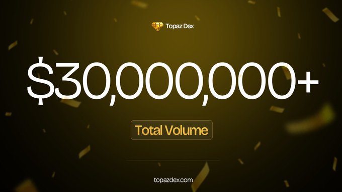 The image features a large banner with white text that reads "Over $30M in trading volume in the first week on @TopazDex" and "@BNBCHAIN @cz_binance @gblue_xyz". The background of the image is black, which contrasts with the white text. There are also gold confetti scattered throughout the image, adding a festive touch to the overall presentation.