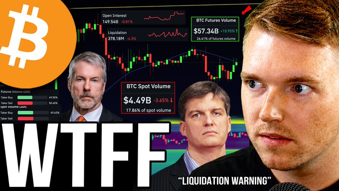 The image is a YouTube thumbnail featuring the Bitcoin logo, three men, and bold "WTFF" and "LIQUIDATION WARNING" text, overlaid on a trading chart showing Bitcoin's open interest at 149.54B, liquidation at 378.18M, BTC futures volume at $57.34B, and BTC spot volume at $4.49B. The graphic visually reinforces the post's warning about a potential Bitcoin liquidation trap tied to upcoming US jobs data.