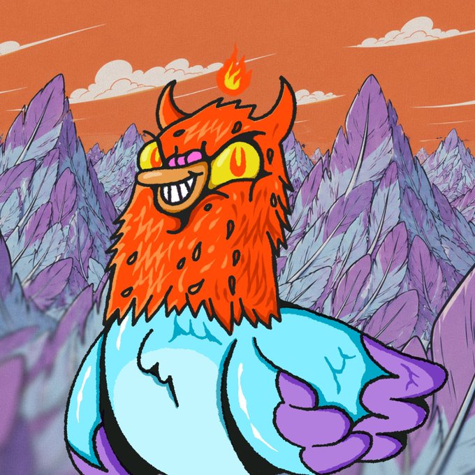 The image features a cartoon bird with an orange beak, red eyes, and a blue body, standing against a mountain landscape backdrop. The bird appears to be smiling or frowning, depending on its expression at that moment. The text in the image reads "Contributed in a Discord for weeks, earned a whitelist spot, minted Lamumu #326, and watched the floor go from 0.1 ETH to basically nothing. Still holding it. That'S what most NFT projects deliver when the hype dies. Wingston is being built differently. It'S tied directly to".