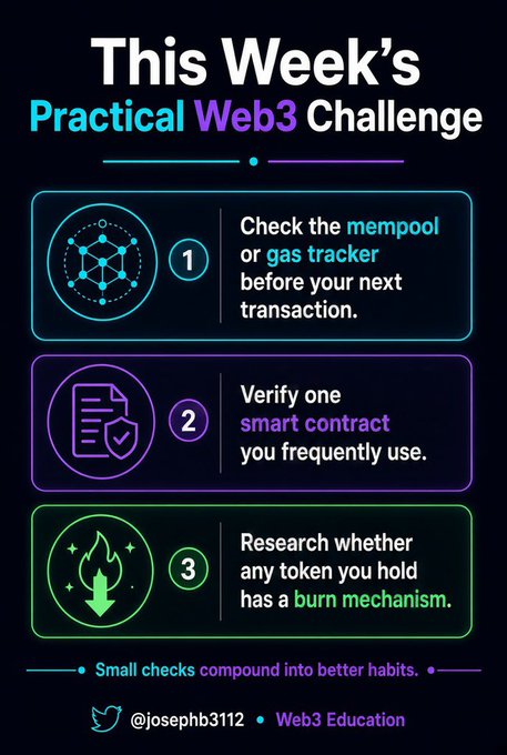 An infographic titled 'This Week's Practical Web3 Challenge' outlining three tasks: (1) Check the mempool or gas tracker before your next transaction, (2) Verify one smart contract you frequently use, and (3) Research whether any token you hold has a burn mechanism, branded with @josephb3112 Web3 Education.