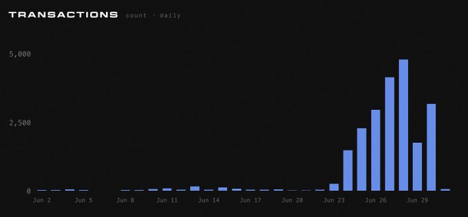 A bar chart titled 'TRANSACTIONS count · daily' showing minimal activity from Jun 2-22 followed by a sharp spike peaking around Jun 27 near 5,000 transactions.