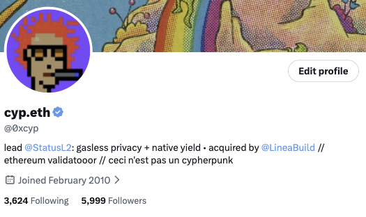 A profile screenshot for the Twitter/X account 'cyp.eth' (@0xcyp), showing a pixelated avatar and the bio text: 'lead @StatusL2: gasless privacy + native yield • acquired by @LineaBuild // ethereum validatoroor // cecil n'est pas un cyberpunk'.