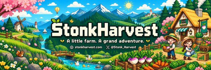 A vibrant pixel-art banner for "StonkHarvest" showcases a charming farm scene with mountains, a windmill, a thatched-roof cottage, and two farmers holding baskets of vegetables near a duck pond. The tagline reads "A little farm. A grand adventure," alongside the website stonkharvest.com and the X handle @Stonk_Harvest, promoting the project's offer of 1,111 free Genesis NFTs for early applicants building on Robinhood Chain.