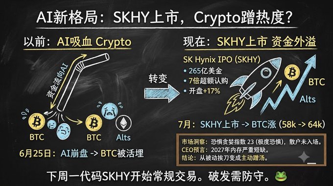 A Chinese-language infographic discussing the new AI landscape and crypto trends, noting the SK Hynix IPO (SKHY) and its potential impact on BTC prices (rising from 58k to 64k).