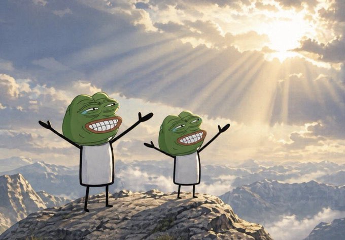 A cartoon illustration features two "Bad Luck Brian" meme characters with green distorted faces standing on a rocky mountain peak with their arms raised toward a sunburst sky.
