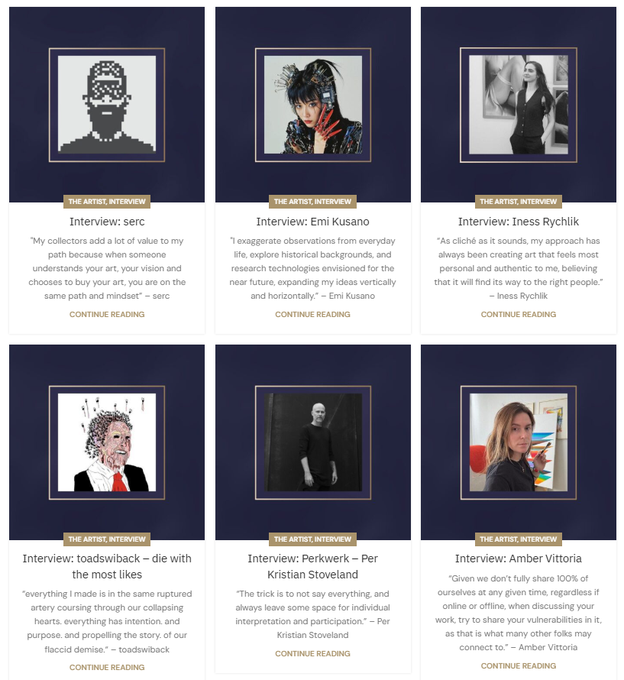 A grid of six artist interview cards featuring works by serc, Emi Kusano, Iness Rychlik, toadswiback, Per Kristian Stoveland, and Amber Vittoria, each with quotes and 'CONTINUE READING' links.