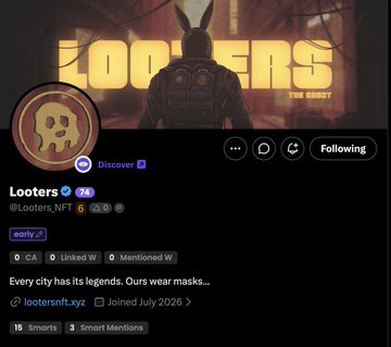 A Twitter/X profile for 'Looters' (@Looters_NFT) with the tagline 'Every city has its legends. Ours wear masks...' and a July 2026 join date.