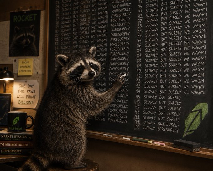 A raccoon dressed as a businessman stands before a chalkboard repeatedly writing "WAGMI FORESURELY" and "SLOWLY BUT SURELY," with a mug and signs reading "ROCKET," "FOCUS DISCIPLINE CONVICTION," and "ONE DAY THIS PAWS WILL PRINT BILLIONS" visible nearby.