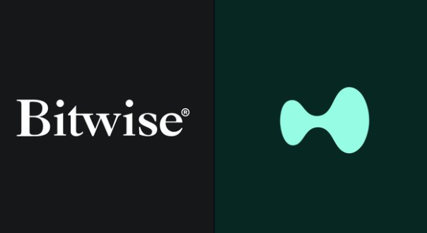 The image shows the Bitwise logo (text reading "Bitwise" with a registered trademark symbol on a black background) alongside a teal/green bowtie-shaped icon on a dark green background, representing Bitwise's corporate branding. This visual pairs with the announcement about Bitwise adding $HYPE (Hyperliquid) to its BITW 10 Crypto Index ETF, highlighting the institutional recognition being given to Hyperliquid by placing it alongside major crypto assets like BTC and ETH.