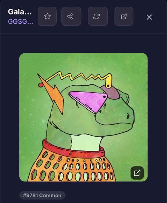A digital NFT artwork (#9781 Common) featuring a stylized green dinosaur character wearing pink sunglasses and an orange patterned sweater against a green background.
