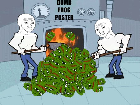 The image features two cartoon men, each holding a stick with a pile of green pea-like creatures on top of them. The first man has a stick that is almost as tall as him, while the second man's stick is shorter but still quite long. They are standing in front of a fireplace and there is a clock visible behind them. The post also includes text that reads "Dumb Frog Poster".