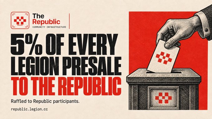 An advertisement for "The Republic" stating "5% OF EVERY LEGION PRESALE TO THE REPUBLIC," featuring an illustration of a hand placing a red-and-white ballot into a ballot box.