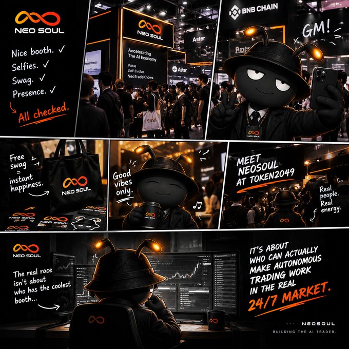 A promotional collage for 'NEO SOUL' featuring a black ant-like mascot wearing a hat, shown at a conference booth, taking selfies, holding swag, and trading on screens. Text highlights include 'Nice booth', 'Selfies', 'Free swagger', 'MEET NEOSOUL AT TOKEN2049', and 'BUILDING THE AI TRADER'.