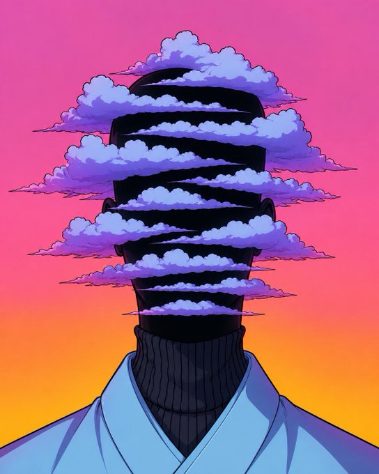An artistic illustration of a faceless figure with purple clouds where the face should be, set against a vibrant pink and orange sunset gradient background.
