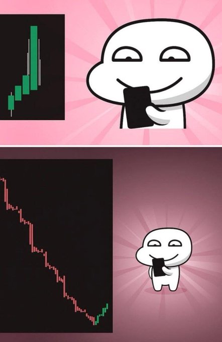 A two-panel meme features a smiling cartoon character holding a phone; the top panel shows a green rising stock chart on a pink background, while the bottom panel shows a red falling stock chart on a dark background.