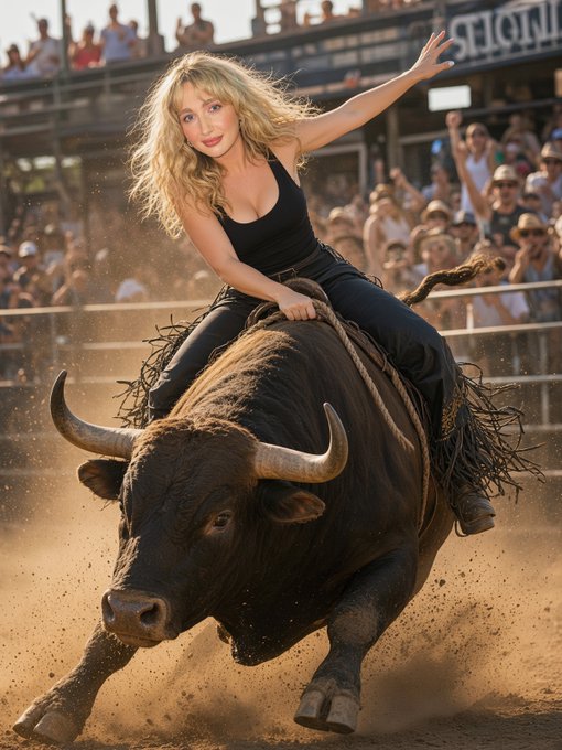 A blonde woman in a black outfit riding a bucking bull in a rodeo arena with an enthusiastic crowd watching.