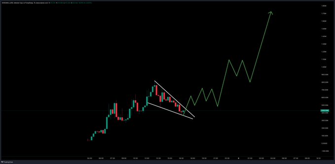 A cryptocurrency trading chart shows a falling wedge pattern on a 30-minute timeframe for the token $niggabull (contract 77x1fCskDLaiZmm2uZKEhARSCD2B86VaahTkK2Vfpump), with projected price targets reaching approximately $0.00001750, illustrating the author's bullish 10-20x prediction as the price breaks upward out of the wedge formation.