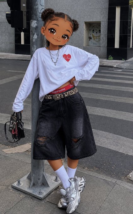 A stylized cartoon-filtered photo of a person with double buns posing on a street in a white long-sleeve shirt, denim jorts, and chunky silver sneakers.