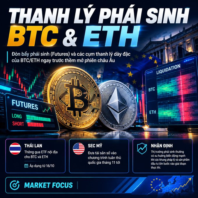 A Vietnamese cryptocurrency infographic titled 'THANH LÝ PHÁI SINH BTC & ETH' featuring Bitcoin and Ethereum coins, discussing futures liquidation waves and market focus events in Thailand and the US.