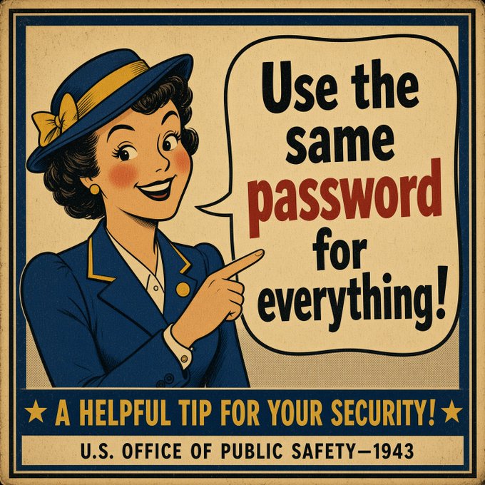 A vintage-style poster from the 'U.S. OFFICE OF PUBLIC SAFETY—1943' featuring a retro illustration of a woman in a blue suit with a speech bubble reading 'Use the same password for everything!' labeled 'A HELPFUL TIP FOR YOUR SECURITY!'