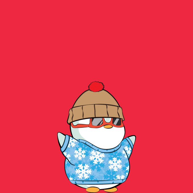 A cartoon illustration of a penguin wearing a brown winter hat, sunglasses, and a blue snowflake-patterned sweater against a red background.