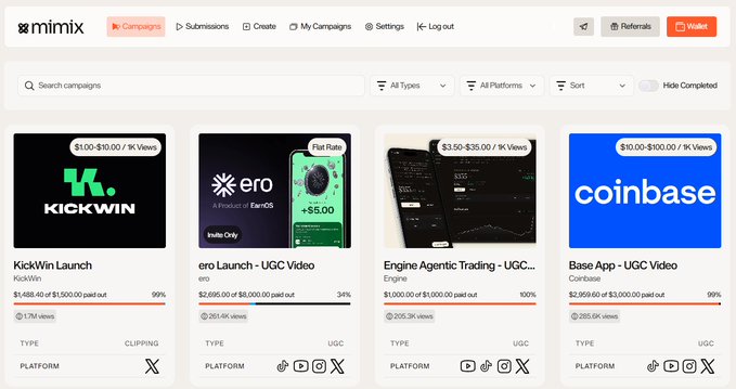 Screenshot of the mimix platform showing UGC video campaigns including KickWin Launch, ero Launch, Engine Agentic Trading, and Base App with view counts and payout progress.