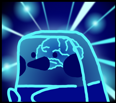 A cartoon-style illustration of a blue character with a brain visible through a transparent head, holding binoculars, set against a blue background with radiating light beams.