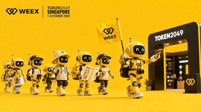 A promotional graphic for "WEEX" at "TOKEN2049 SINGAPORE 7-8 OCTOBER 2026" shows a line of cute yellow robot characters walking forward, one carrying a yellow "WEEX" flag, with an event booth on the right.