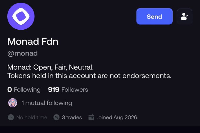 A profile page for "Monad Fdn" (@monad) showing 919 followers, 0 following, 3 trades, and a bio reading "Monad: Open, Fair, Neutral. Tokens held in this account are not endorsements." The image relates to the post by displaying the official Monad Foundation account, which is teasing upcoming announcements ("miracles") related to the Monad blockchain ecosystem.