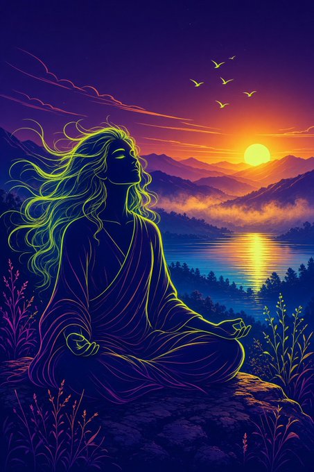 Digital artwork in neon style depicting a woman with flowing hair meditating in a lotus pose, silhouetted against a vibrant sunset over mountains and a lake, with birds flying in the sky and colorful flowers in the foreground.