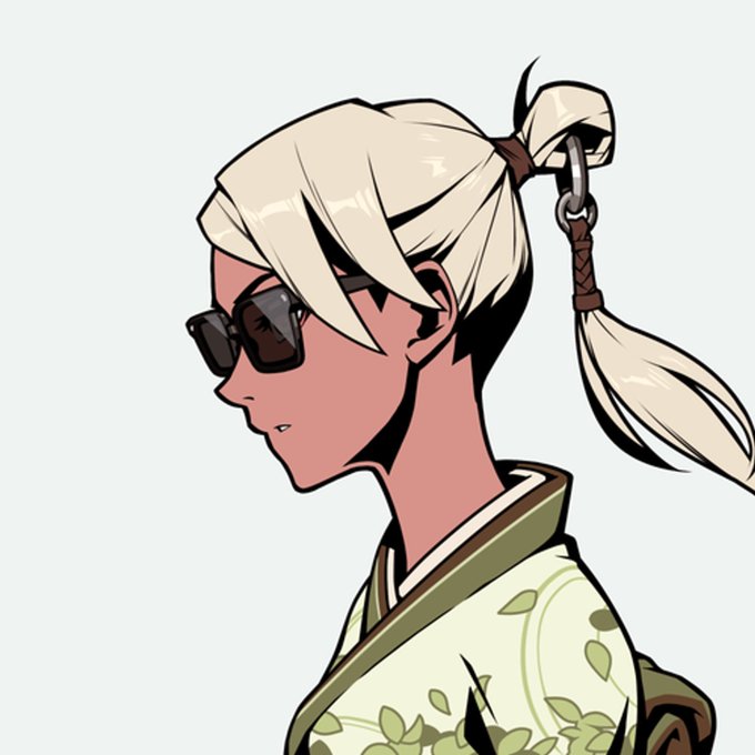 A digital illustration of a dark-skinned character with light blonde hair tied in a braided ponytail, wearing dark sunglasses and a green and white floral kimono-style outfit, shown in profile against a plain white background.