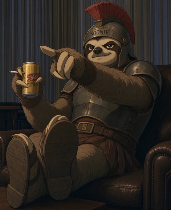 A relaxed sloth wearing a Roman-style helmet labeled "SOONIE" and armor sits in a leather armchair, holding a beverage can and pointing outward, with a belt buckle showing "S".