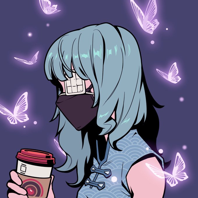 An anime-style illustration of a blue-haired character with a bandaged face holding a coffee cup, surrounded by glowing purple butterflies against a dark background.