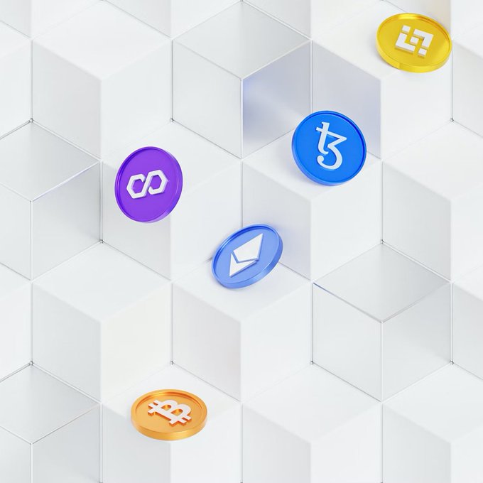 A 3D rendering of cryptocurrency coins (including Polygon, Tezos, Bitcoin, Binance Coin) floating on a white hexagonal grid background.