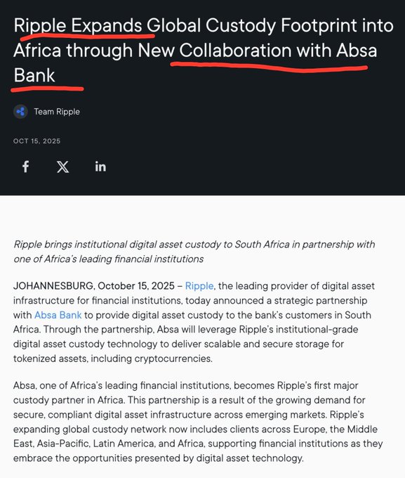 A October 15, 2025 article from Team Ripple announces their strategic partnership with Absa Bank, Ripple's first major custody partner in Africa, to provide institutional digital asset custody services to customers in South Africa. The highlighted text emphasizes "Ripple," "Africa," and "Absa Bank," tying into the accompanying commentary about Ripple's expanding financial network involving SWIFT, Thunes, and Absa Bank connections.
