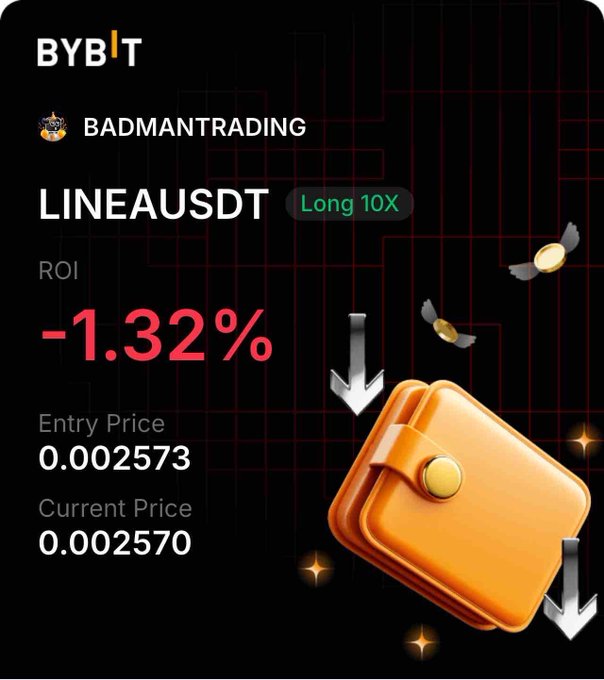 A screenshot from the Bybit trading app showing a long 10x position on the LINEAUSDT trading pair with a -1.32% return on investment.